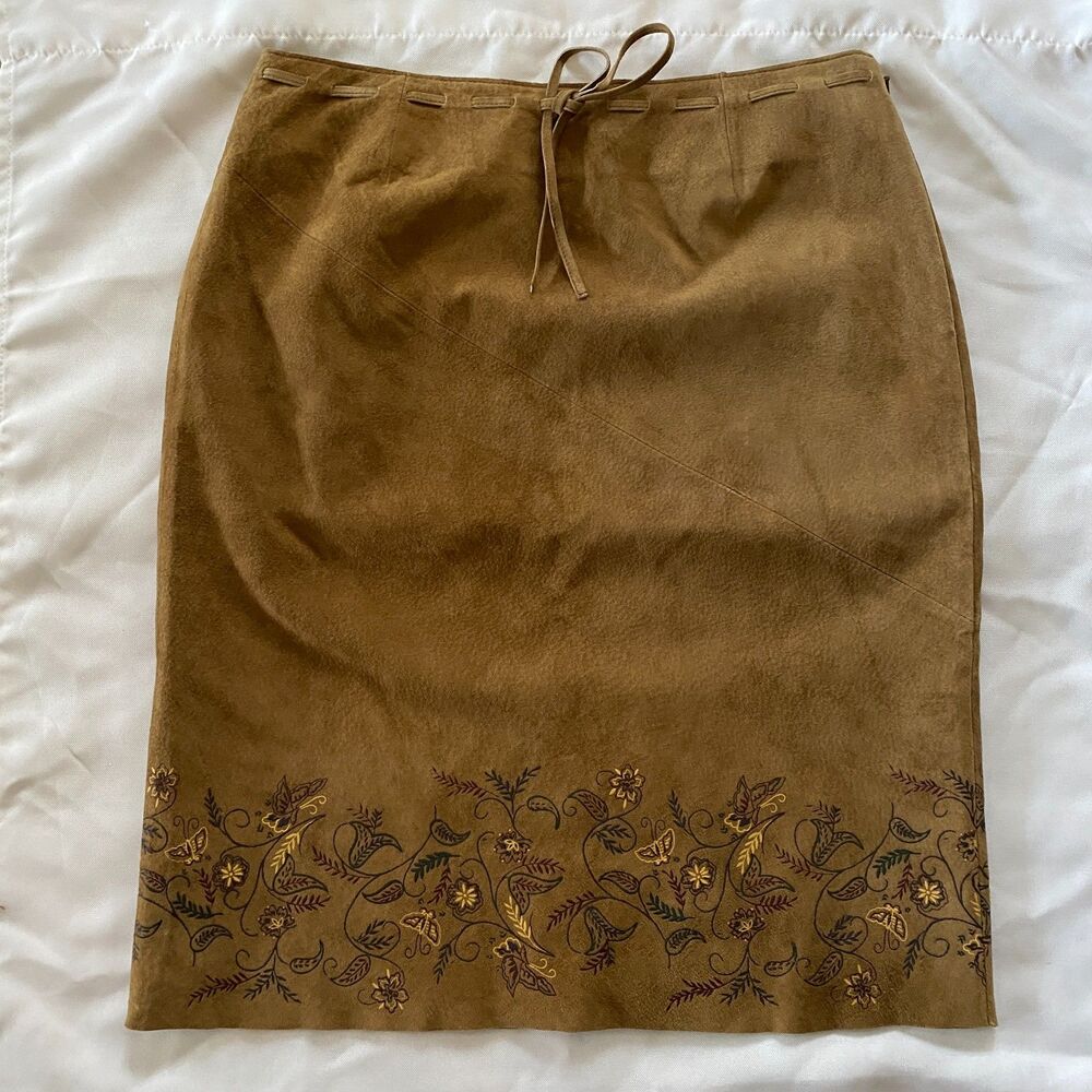 Y2K EXPRESS Leather Pencil Skirt Floral Hem, sz 5/6 western Cowgirl Boho Tan